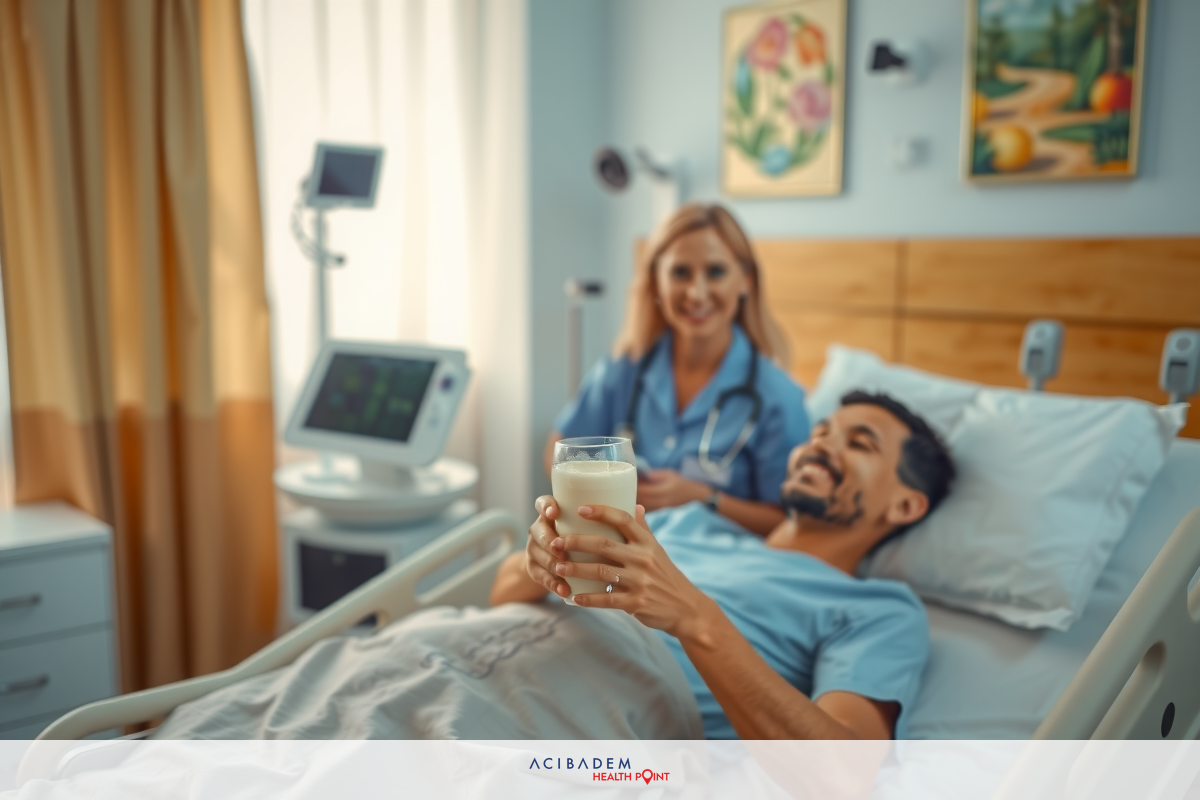 The image shows a hospital room with a patient lying in bed. A nurse is standing next to the bed, smiling at the patient. The patient is holding out a drink towards the camera, possibly for a photo opportunity. The room has medical equipment and supplies visible on the wall behind the bed.