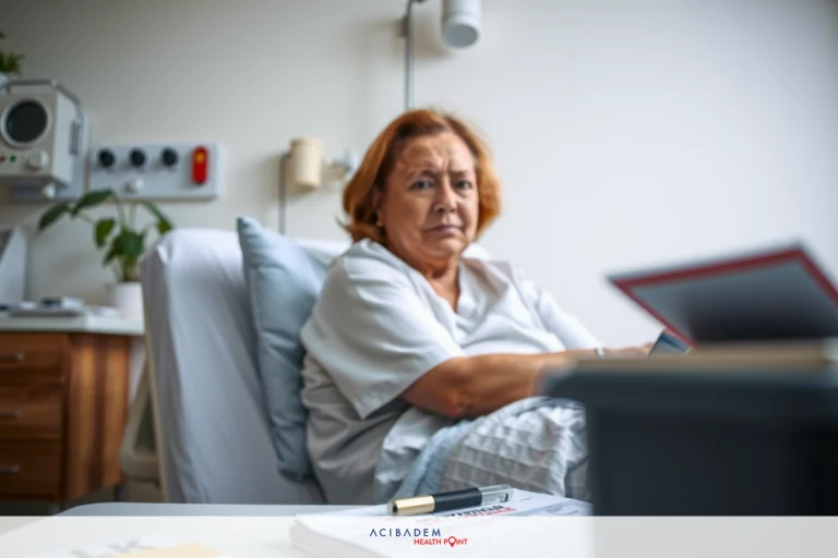 The image shows an elderly woman in a hospital bed. She is wearing light blue medical scrubs and appears to be gazing towards the camera. In front of her, there is a clipboard with some papers on it. The environment suggests a clinical setting, possibly a hospital room.