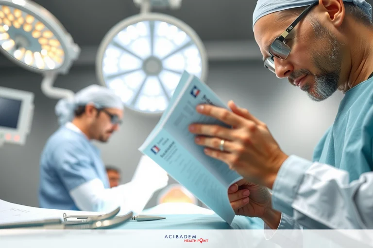 In a sterile hospital operating room, medical professionals are focused on the patient. A surgeon is holding a papers, while standing next to an operating table with anesthesia and surgical equipment.
