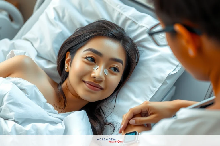 The image depicts a healthcare professional in an indoor setting, likely a hospital or clinic, interacting with a patient. The patient is lying down on a bed and appears to be receiving attention from the healthcare provider. Both individuals are focused on what is being done, suggesting a medical consultation or examination. The environment looks clean and sterile, emphasizing the importance of hygiene in a medical context.