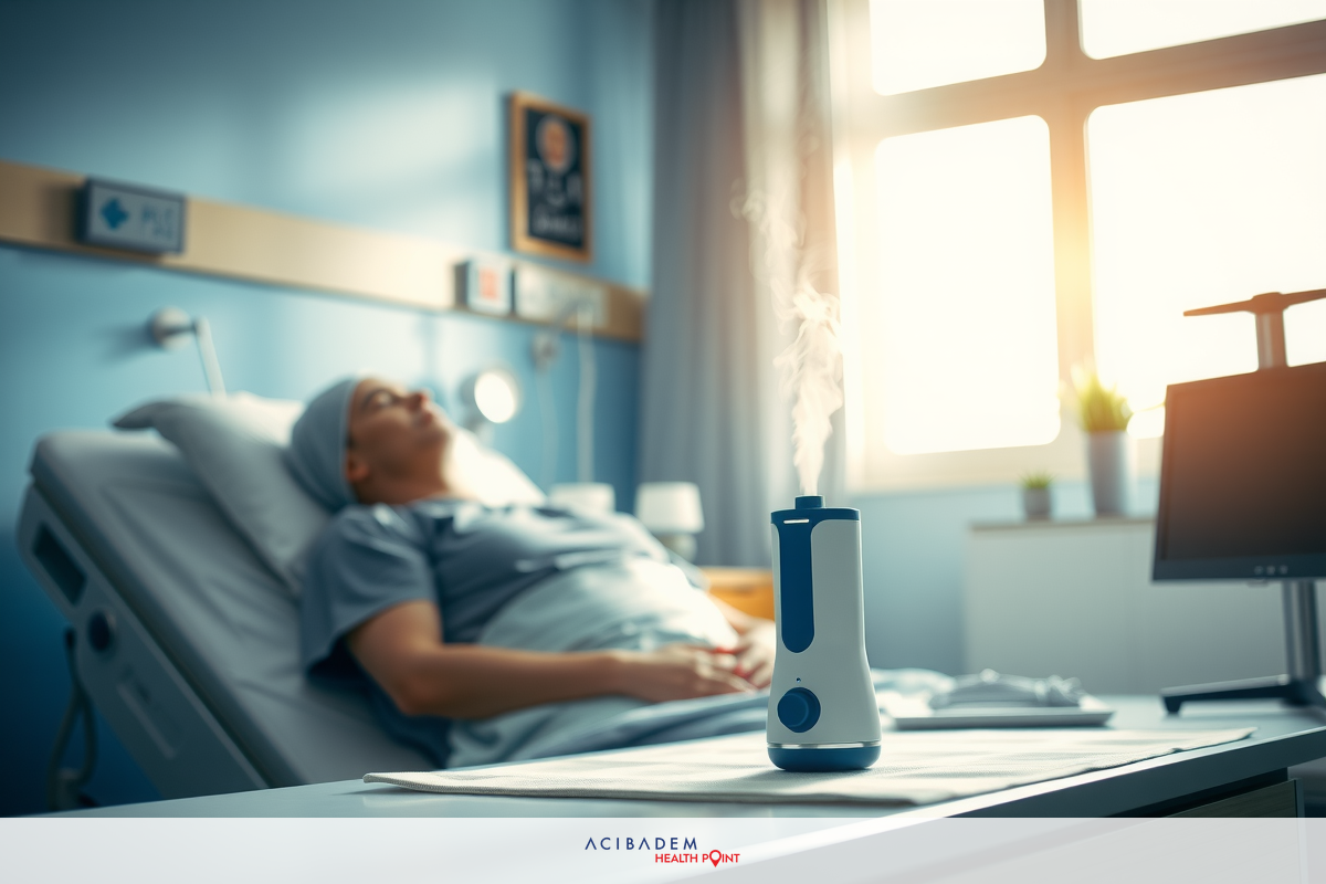 Medical setting with patient on hospital bed. Patient has an IV drip and a medical device connected. Bright sunlight streaming in from window creates a warm glow.