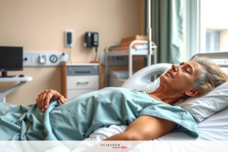 Why Would You Put Iodine in Your Nose Before Surgery? The image shows a woman lying in a hospital bed, wearing a green hospital gown. She appears to be resting or recovering from an operation or medical procedure. The environment suggests a medical setting with various pieces of equipment visible in the background, such as monitors.