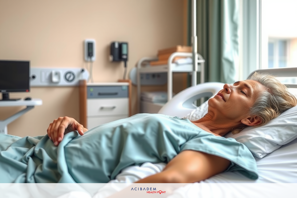 The image shows a woman lying in a hospital bed, wearing a green hospital gown. She appears to be resting or recovering from an operation or medical procedure. The environment suggests a medical setting with various pieces of equipment visible in the background, such as monitors.