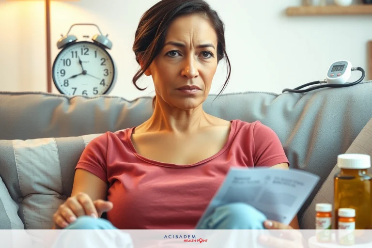 Can You Take Steroids After Gastric Sleeve? This is a photograph of a woman sitting on a couch. She appears to be engaged in reading or filling out paperwork, possibly related to healthcare, as indicated by the prescription bottles on her lap. The woman is dressed casually and wears a maroon shirt.