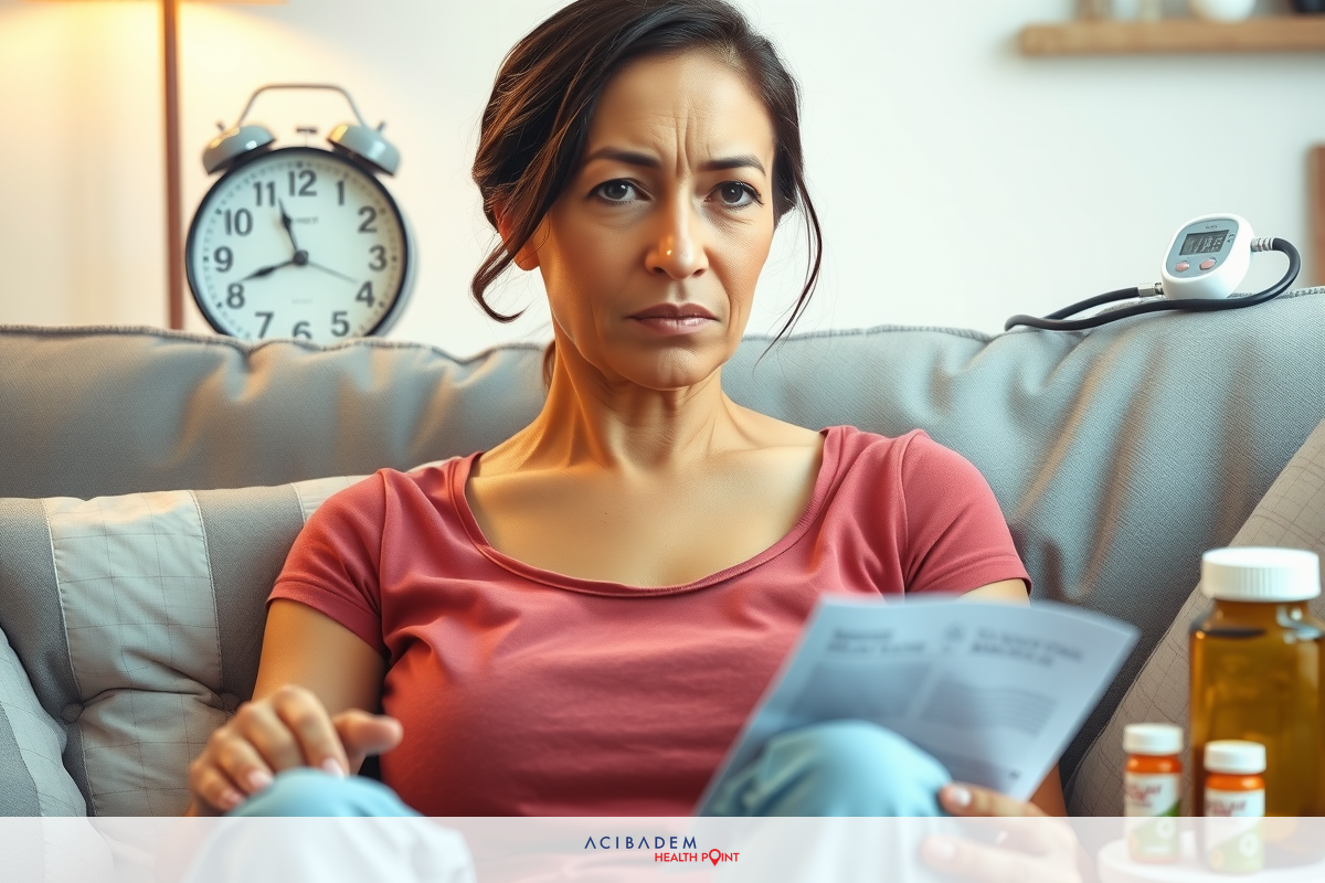 This is a photograph of a woman sitting on a couch. She appears to be engaged in reading or filling out paperwork, possibly related to healthcare, as indicated by the prescription bottles on her lap. The woman is dressed casually and wears a maroon shirt.
