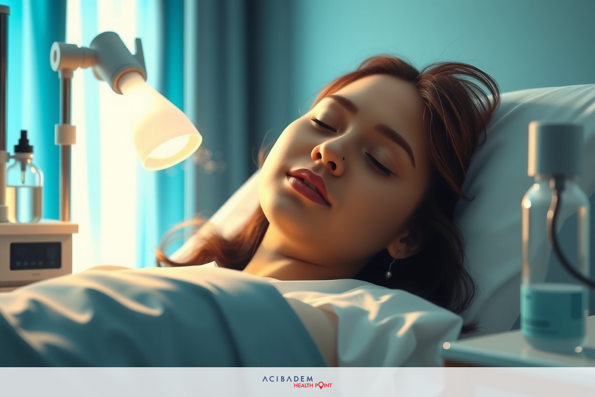 The image shows a woman lying in a hospital bed with tubes and monitors, indicating she is being monitored. The woman appears to be relaxed or possibly resting as her eyes are closed. There's an IV drip visible, and the room has a clinical atmosphere with medical equipment present.