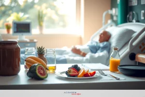 The image portrays a serene hospital room where an elderly man is resting in a bed. On the table beside him are various healthy food options, including fruits and vegetables, suggesting a balanced diet. The room is well-lit with natural light, creating a warm and comforting atmosphere.
