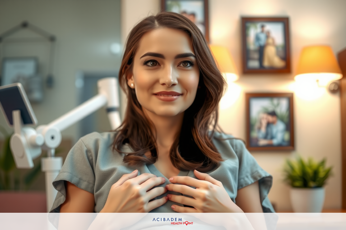 Woman in professional setting, likely a examination room. She is sitting at a desk with pictures on the wall behind her. She is wearing a blue blouse and appears surprised or amused.