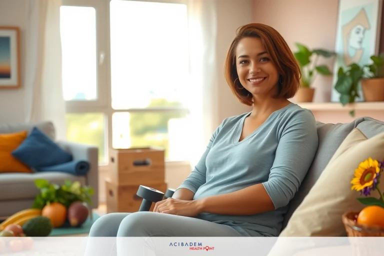 A woman sitting on a couch in a cozy living room. She's wearing comfortable clothing and seems to be in a relaxed pose, possibly enjoying some leisure time at home.