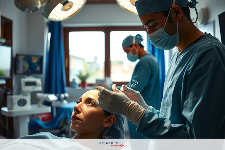 The image shows a medical scene where a patient is receiving medical treatment. There are multiple individuals wearing surgical attire, indicating that they are healthcare professionals. The setting appears to be a medical office with equipment such as chairs, lights, and instruments visible in the background.