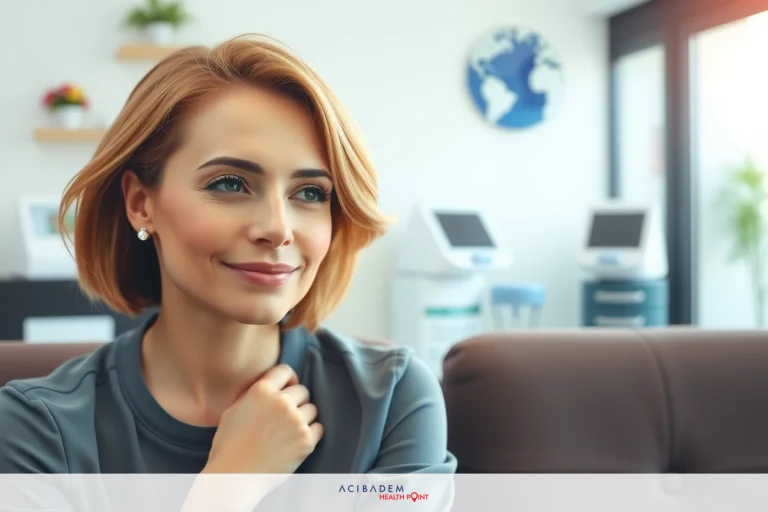 A young woman wearing a gray t-shirt and blue jeans, with a confident smile on her face. She is sitting in an office environment with modern furniture.