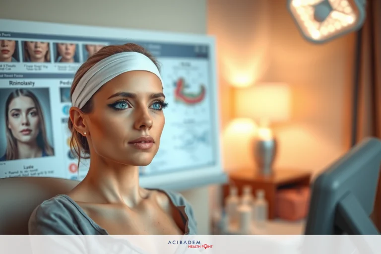 How Long is Rhinoplasty Surgery? A woman in a medical setting looking at images on a monitor. She is wearing a bandage and has a serious expression. The environment includes equipment typically found in an examination room.