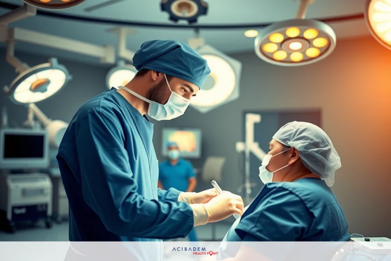 The image shows a medical setting with two healthcare professionals in surgical attire and masks. The room has clinical lighting, and various surgical instruments can be seen in the background.