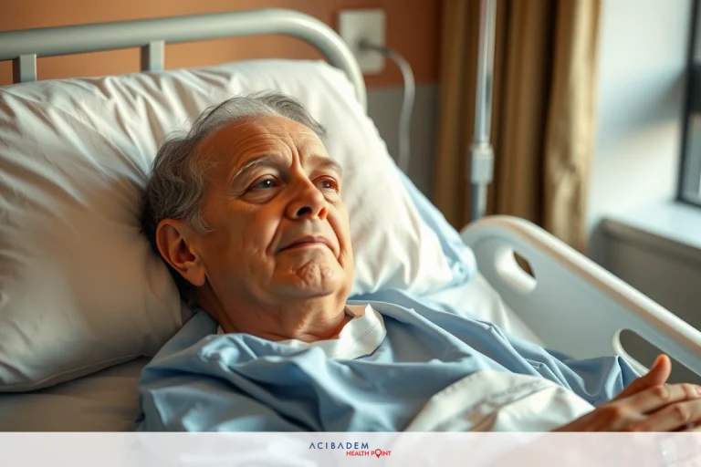 An older man in a hospital bed, wearing a medical gown and a ring. He appears contemplative or perhaps concerned as he lies on the bed.