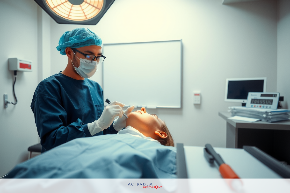 In a medical setting, a dentist in surgical attire is performing dental work on a patient. The dentist is wearing gloves and a mask, indicating hygiene practices. The environment appears to be sterilized with medical equipment visible in the background.