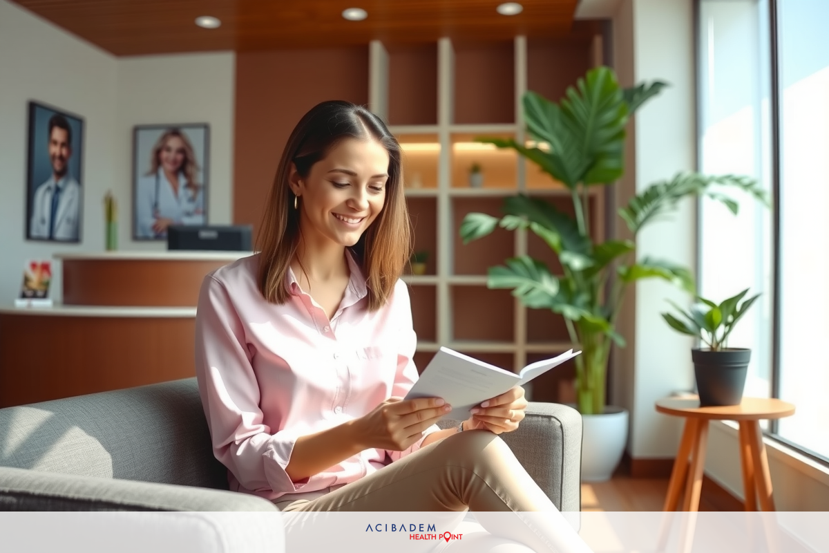 A businesswoman seated comfortably in a modern office environment, dressed in professional attire and holding papers, engaged in reading or reviewing the documents. The room has natural light coming through large windows, enhancing the relaxed atmosphere of the scene.