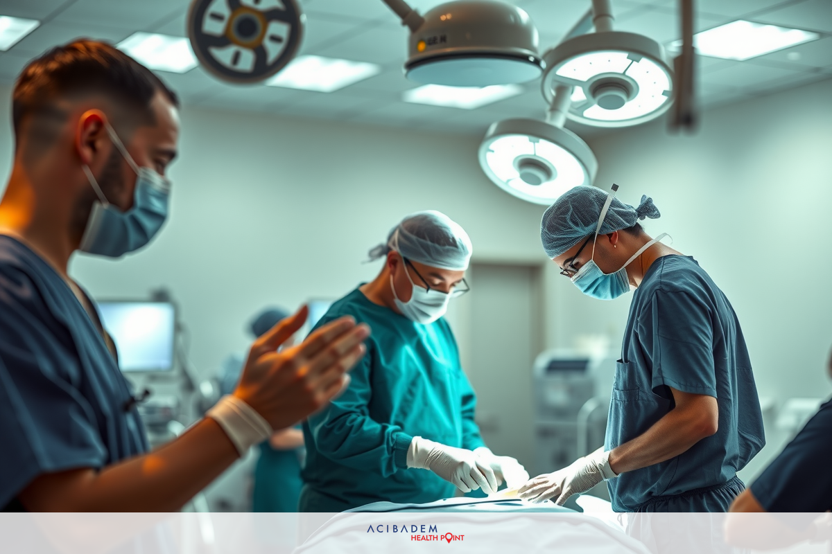 Operating room scene with multiple medical professionals, focusing on anesthesiologist and surgeon who are actively working during a procedure.