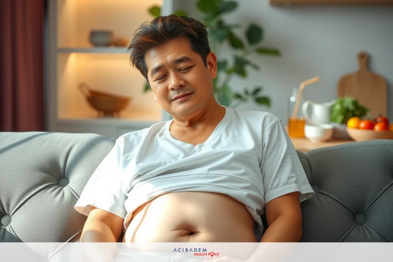 How to Get Rid of Gas Pains After Gastric Sleeve The image shows a man seated on a couch in an indoor setting. He appears to be resting or relaxing, with his eyes closed and his body leaning slightly forward. The man is wearing casual attire consisting of a white t-shirt and dark pants. To the left of the image, there's a green plant on top of a wooden surface, adding a touch of natural elements to the indoor environment.