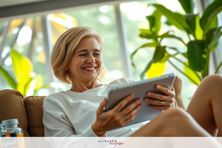 Can You Take Plexus After Bariatric Surgery? A woman sitting on a sofa, smiling and holding a tablet. She is wearing casual clothing and appears to be browsing or using the device. The room has large windows allowing natural light in, creating a bright and comfortable environment.
