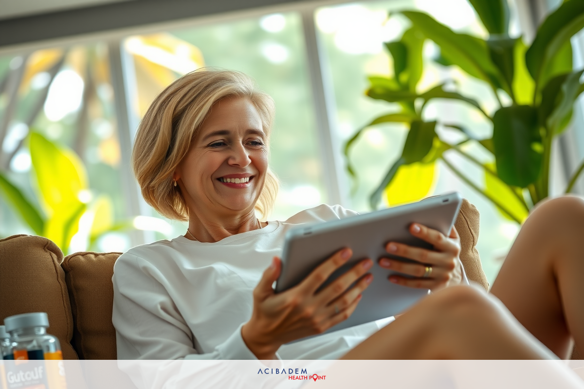 A woman sitting on a sofa, smiling and holding a tablet. She is wearing casual clothing and appears to be browsing or using the device. The room has large windows allowing natural light in, creating a bright and comfortable environment.