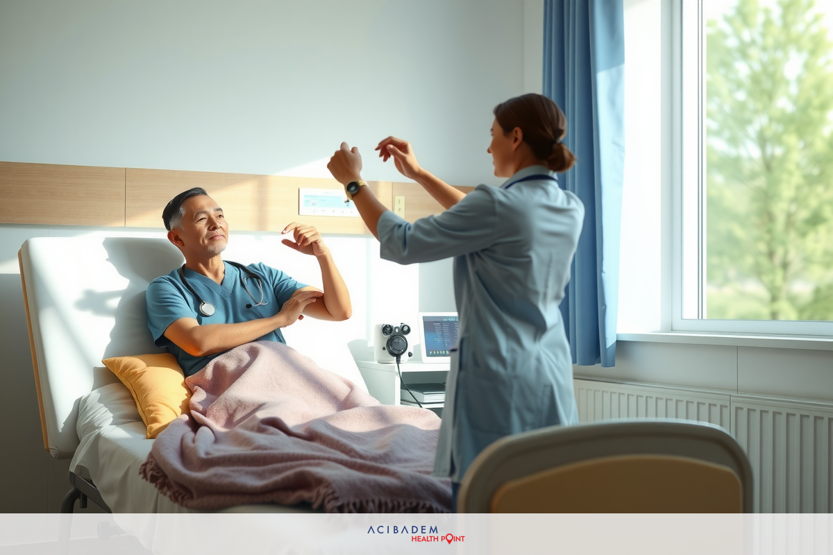 A medical professional assists a patient, who is lying in bed with his arm upraised. The hospital room has bright lighting and the focus is on the interaction between the two individuals.