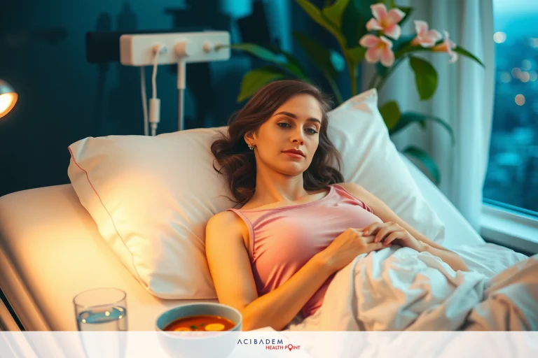 A woman lies in a hospital bed with white pillows, wearing a pink top. She has black hair and appears to be recovering from an illness or surgery. The bed is positioned near a window with a view of the cityscape at night.