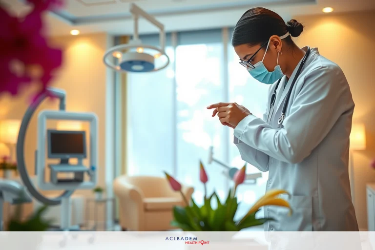 How Much is Nose Surgery in the Philippines? The image depicts a dental professional wearing protective face mask, white coat and gloves. The person is standing in an office environment equipped with medical equipment. The setting suggests a modern, clean medical clinic.