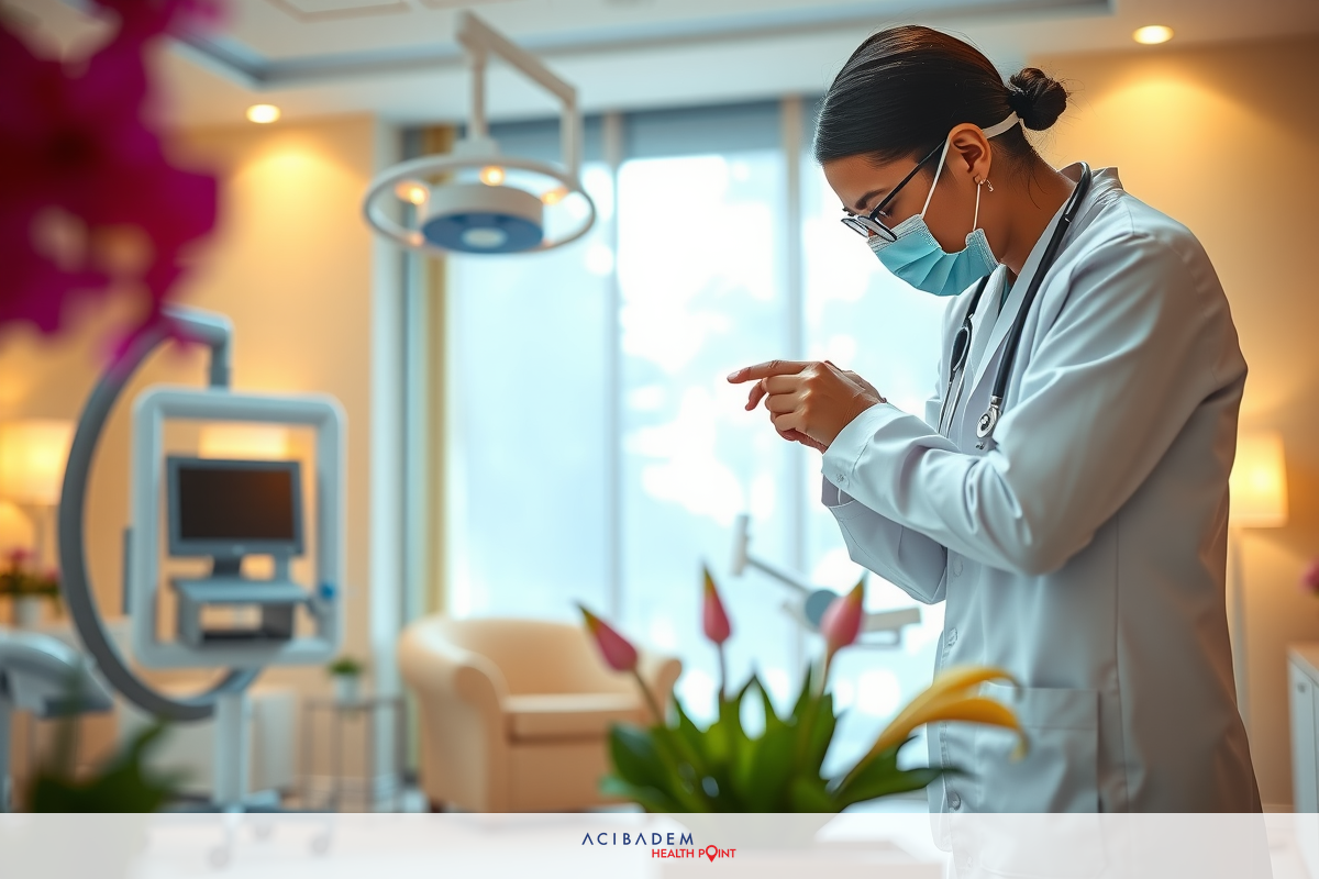 The image depicts a dental professional wearing protective face mask, white coat and gloves. The person is standing in an office environment equipped with medical equipment. The setting suggests a modern, clean medical clinic.