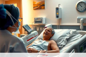 The image shows a hospital room with medical equipment. A healthcare professional is seen attending to an older patient who appears comfortable and engaged in conversation. The overall setting suggests a clinical environment focused on the care of the individual.