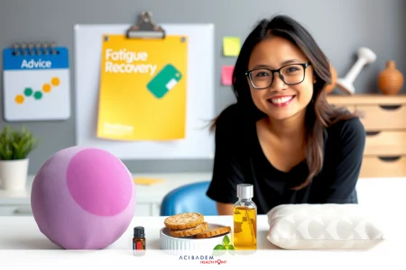 Woman in a professional environment, smiling at the camera. Surrounded by items associated with health and wellness like essential oils, a stress ball, and possibly other relaxation products. A desk with a stationery suggest an office or home workspace.