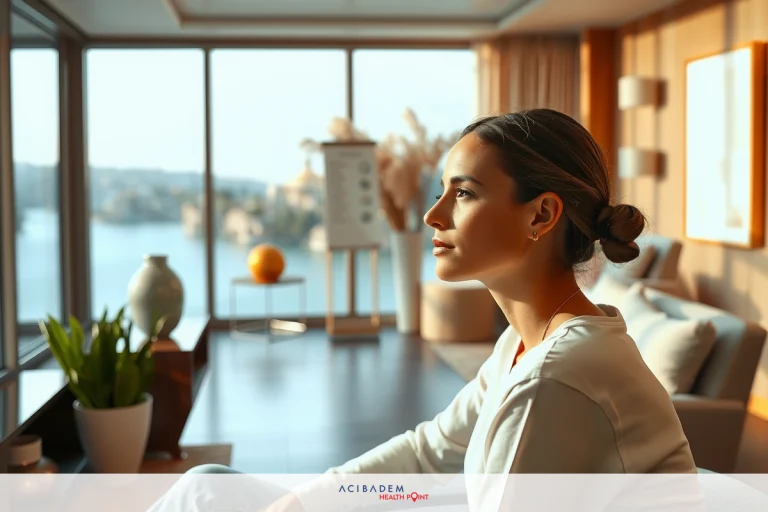 A woman sitting in a modern living room with high-rise city view, looking out towards the water. The room is clean and well-lit with natural sunlight.
