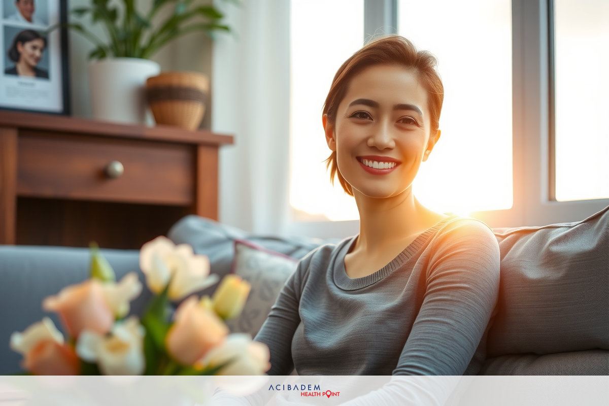 Woman sitting on couch, smiling and looking at the camera. Sunlight streaming in through window, creating warm atmosphere.