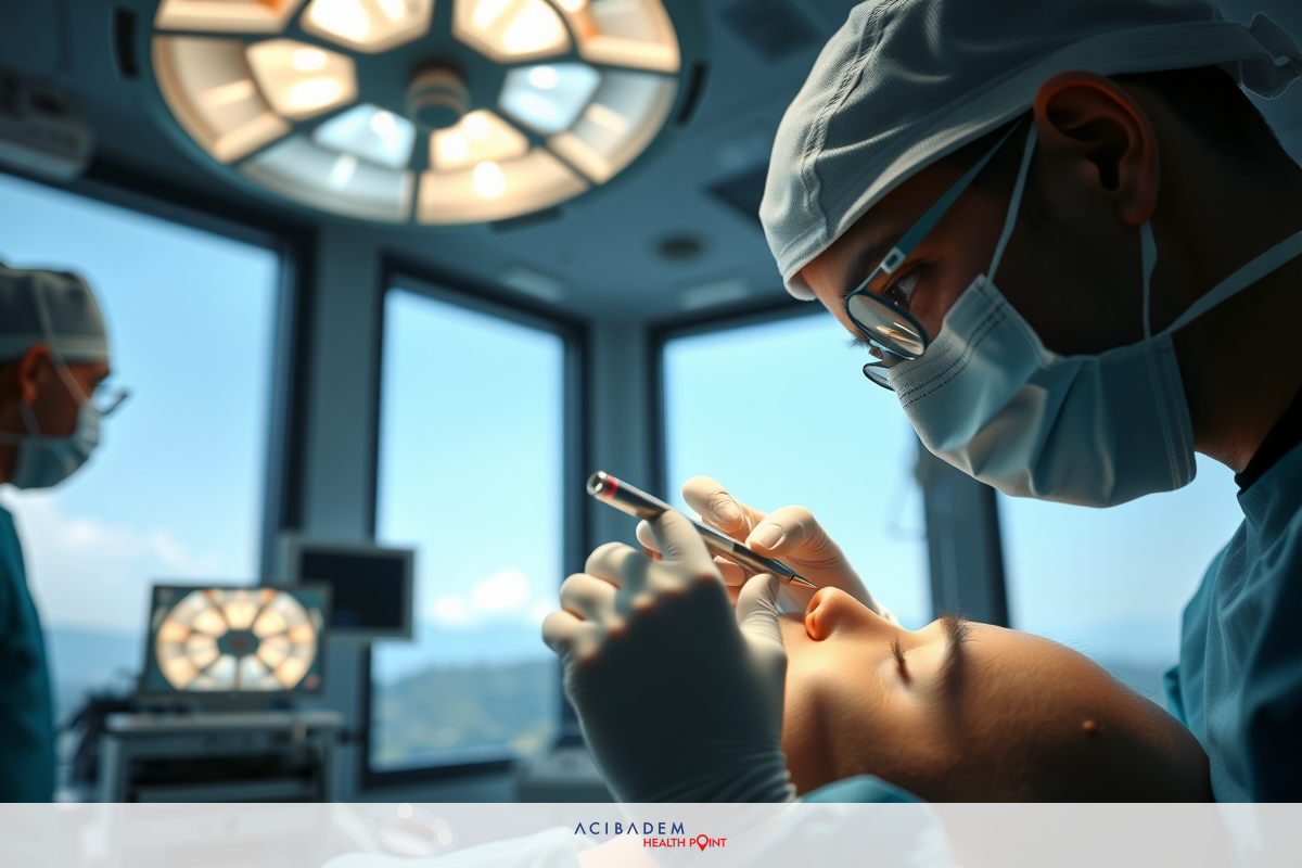 The image depicts a medical scene with multiple healthcare professionals performing a procedure. A patient is being attended to by two surgeons, one of whom is seated while the other stands, both wearing surgical gowns and face masks. The environment suggests a sterile surgical room with bright overhead lights, indicative of an operating theatre or similar setting.