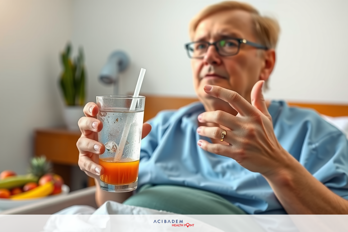 The image shows a female patient lying in a hospital bed. She is wearing a hospital gown and appears to be recovering from an illness or surgery. Fruits are visible on the side table. The patient holds a glass of orange juice and seems to be discussing his condition or treatment plan with healthcare professionals not visible in the image.