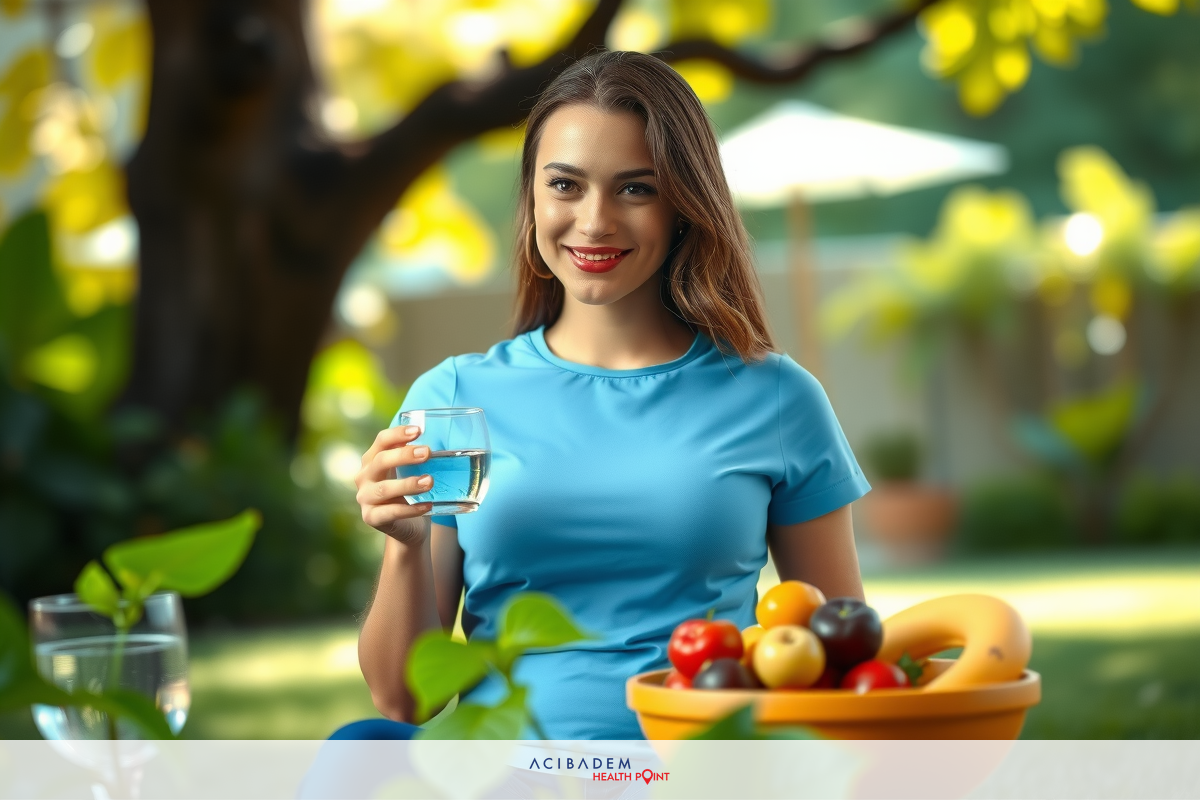 A woman is seated on the grass, holding a glass of water in her hand. She's smiling and enjoying some fresh fruit from a bowl nearby. The scene suggests a healthy lifestyle or perhaps a wellness retreat set in a garden.