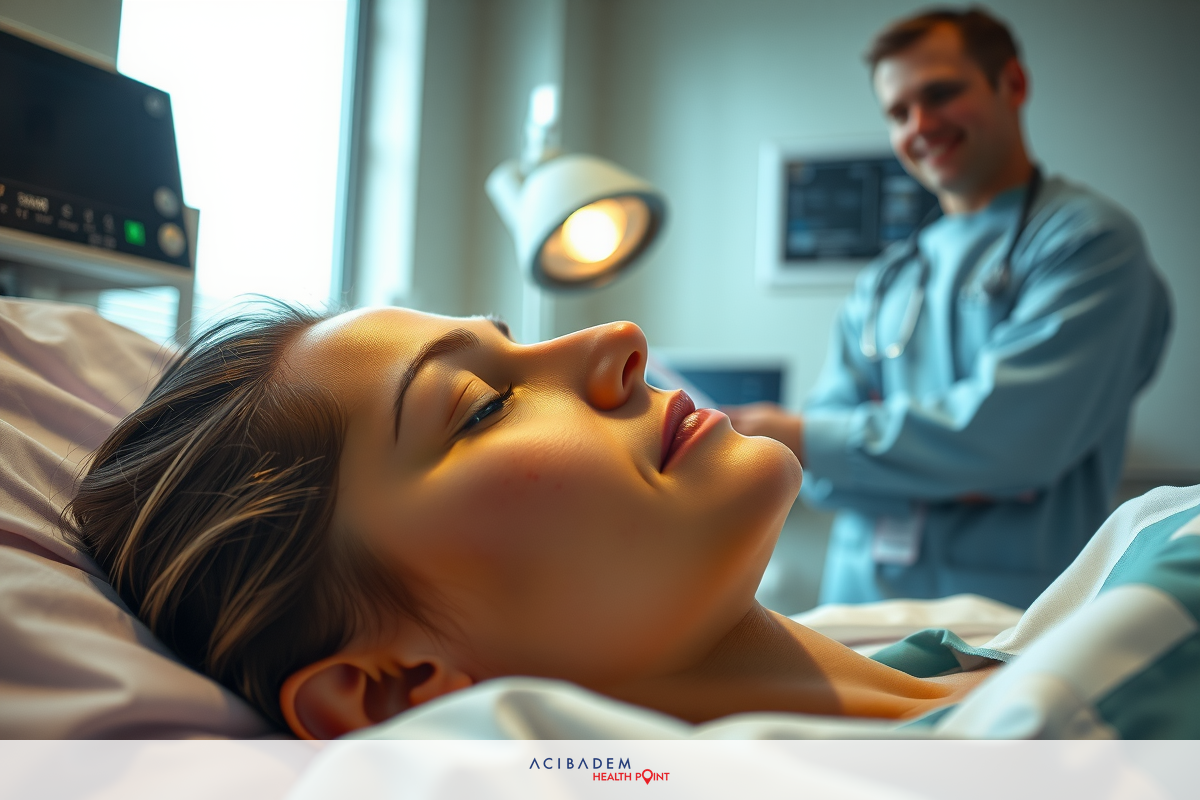 The image shows a hospital room setting with two individuals. A woman is lying in a bed, likely receiving medical care, as indicated by the presence of medical equipment. Beside her stands a healthcare professional dressed in clinical attire, suggesting they are a doctor providing care to the patient.