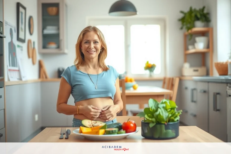 What is Gastric Sleeve Operation? A woman in a kitchen, preparing food on a wooden counter. There is a bowl of fruits and vegetables on the table in front of her, which shows that she is for healthy eating.. The kitchen has light wood cabinets and a mix of white and natural colors, contributing to a clean and inviting atmosphere.