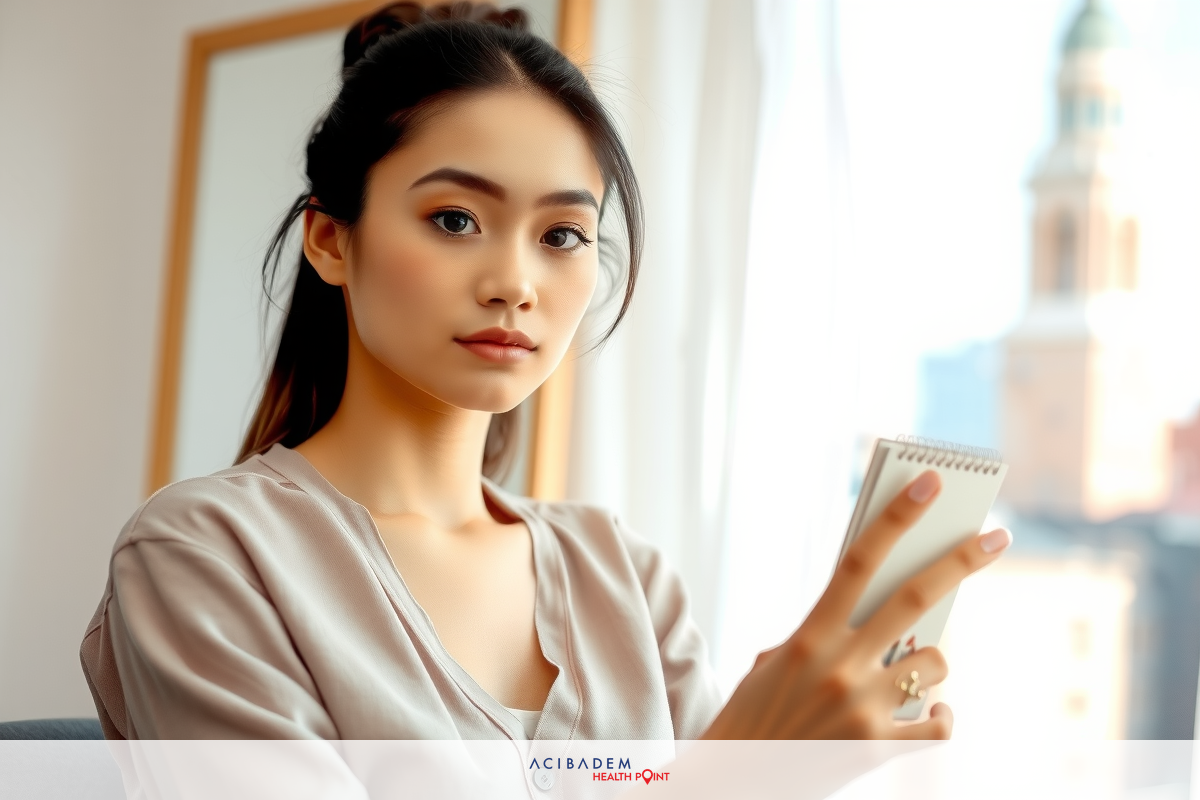 The image features a photo of a young woman sitting in an enclosed space, looking down at her notes. She has a neutral expression on her face and appears to be focused on the notes she is holding. The woman is wearing a light-colored top or sweater with long sleeves. The background is softly blurred but suggests an office environment with natural light coming through the windows, indicating it might be daytime.