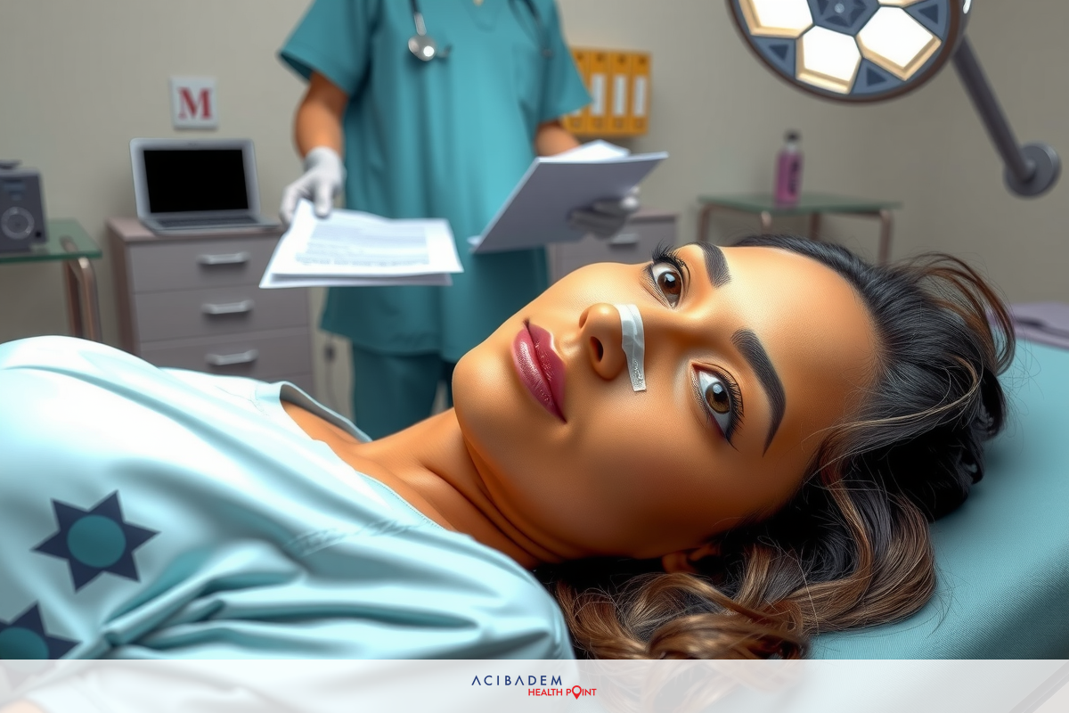 A woman lying down with her eyes open, wearing a medical gown and with gauze over the bridge of her nose. She is in a hospital environment with visible medical equipment.