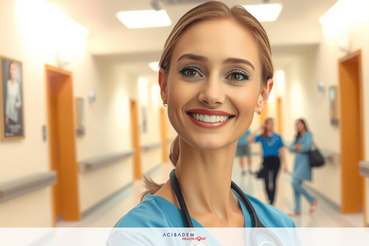 This image features a woman dressed in scrubs, who appears to be a medical professional. She is smiling and seems to be at work, likely in a hospital or healthcare setting. The environment includes other individuals in the background who might also be medical staff, suggesting a collaborative atmosphere within this facility.