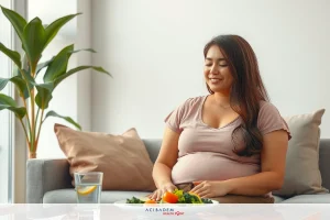 This is a photograph of a woman who appears to be obese. She has long hair and is seated on a couch indoors, smiling at the camera with one hand on her stomach. The setting seems cozy with natural light coming through large windows.