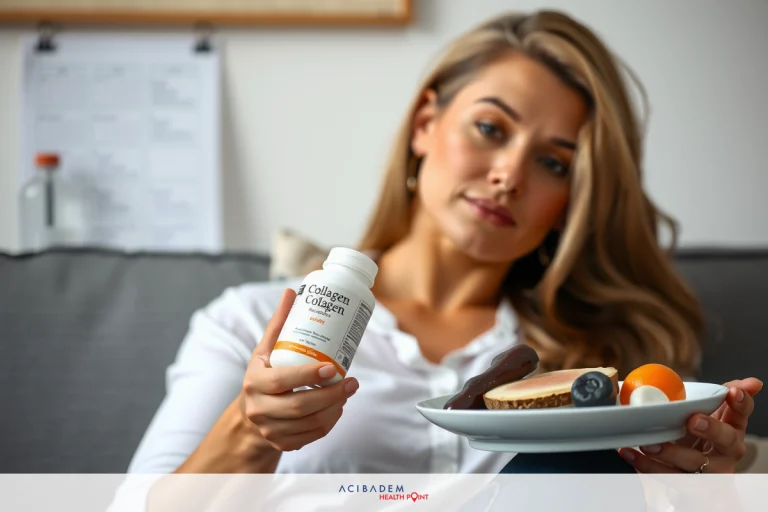 Can You Take Collagen After Gastric Sleeve Surgery? The image features a woman sitting on a couch, holding a plate of food in one hand and a bottle of supplements in the other. She appears to be enjoying her meal while considering the pills she's about to take. The setting suggests a casual indoor environment. The colors are muted with natural tones dominating the scene, reflecting a sense of calmness.