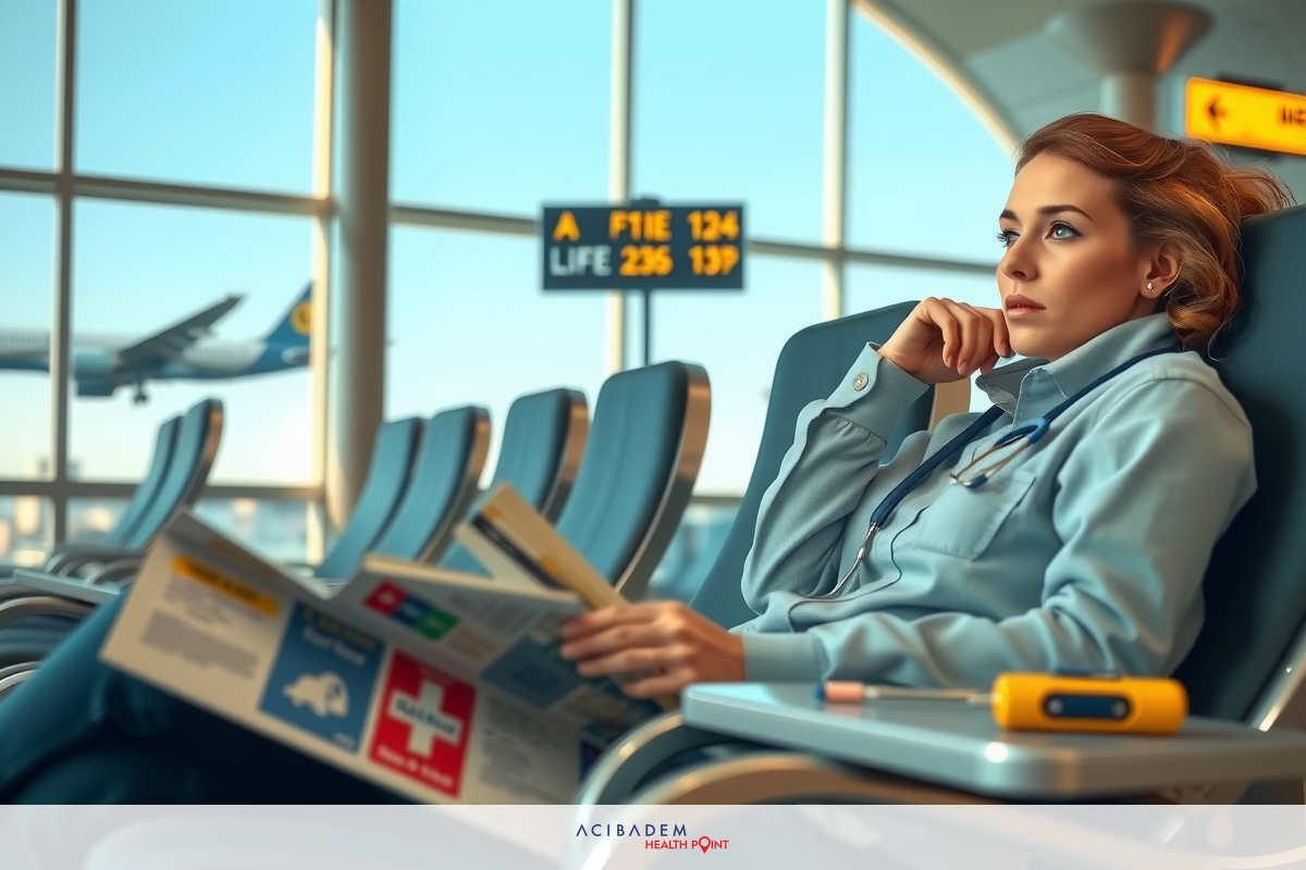 A woman in a blue uniform, possibly an airport worker, sitting on a chair with her head resting on her hand. She is reading a book while waiting in the terminal.