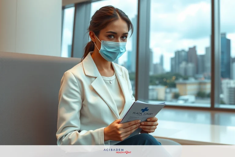 In the image, there is a woman sitting on a couch in an office. She is wearing a mask and appears to be reviewing a document or reading from a piece of paper. Her attire consists of a light-colored jacket over a dark top, suggesting a professional setting. The room has large windows offering a view of the city skyline, indicating that the office is located in a high-rise building. The color palette is muted with the predominant colors being grays and beiges.