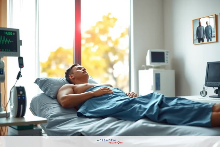 The image depicts a hospital room. A shirtless male patient is lying on the bed, facing away from the viewer, with his head turned to look back over his shoulder. The room has medical equipment such as an ECG monitor and a ventilator. There's a window suggesting it could be daytime outside. The overall tone of the image is clinical and serious.