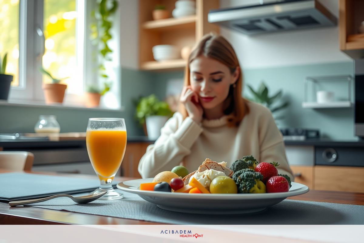 A woman is seated at a kitchen counter. In front of her is a breakfast plate featuring fruit and eggs. The setting includes wooden furniture and shelves with various kitchen items.