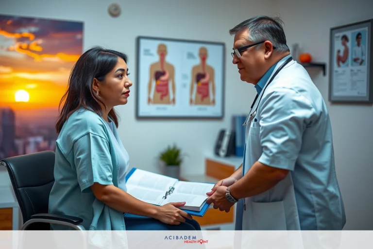 Can You Have a Gastric Bypass After a Sleeve? The image portrays a professional interaction between two individuals in a clinical setting. One person appears to be a medical professional dressed in scrubs, while the other could either be a patient. The room is equipped with medical posters and charts on the wall, suggesting it's within a healthcare facility such as a hospital or doctor's office.