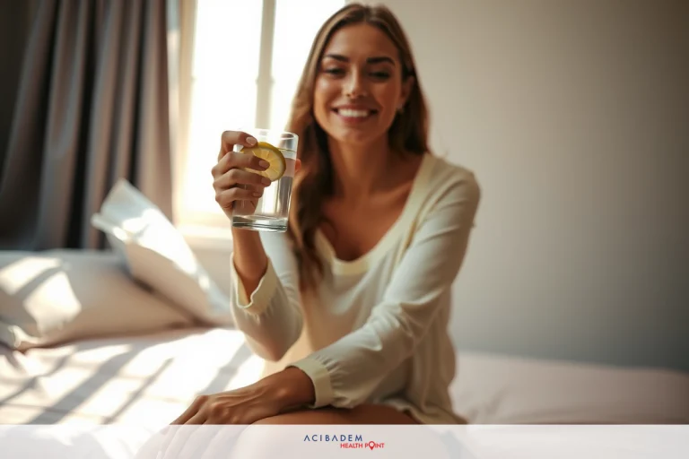 A woman sitting on a bed, smiling and holding a glass of carbonated drink in her right hand. She is wearing a white top and appears to be enjoying the drink. The room has neutral colors with soft lighting.