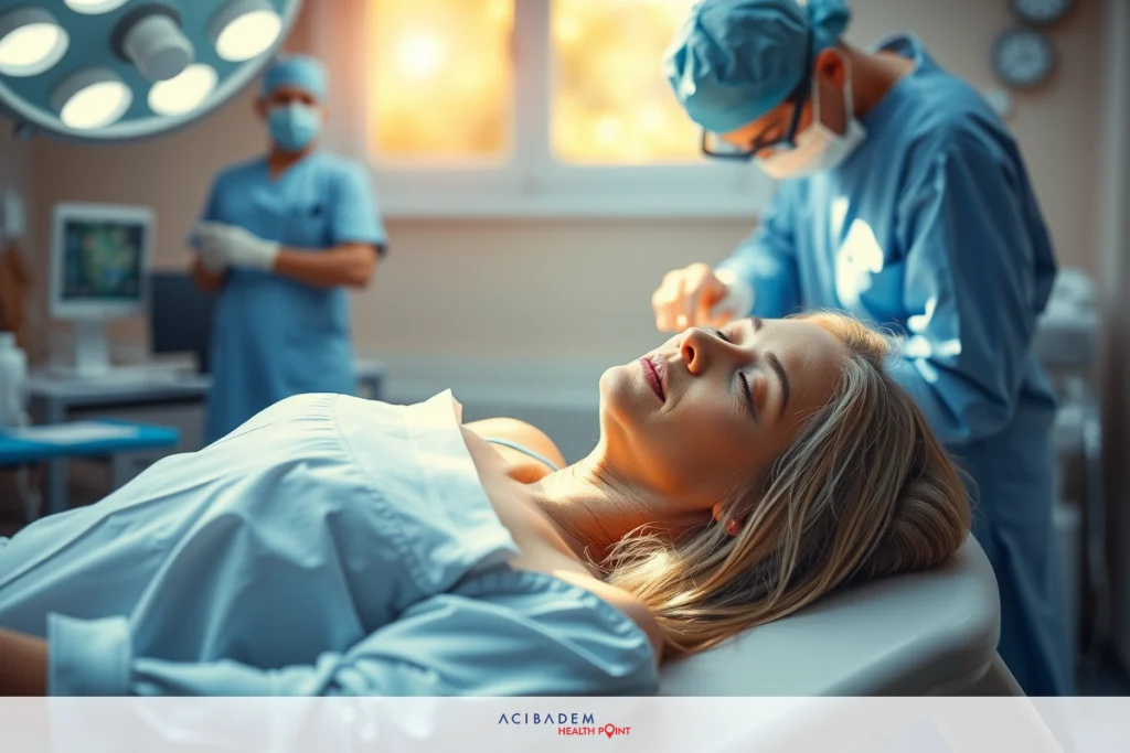 A woman is lying down in a medical surgery room, with doctors standing over her. She appears to be undergoing surgical treatment.