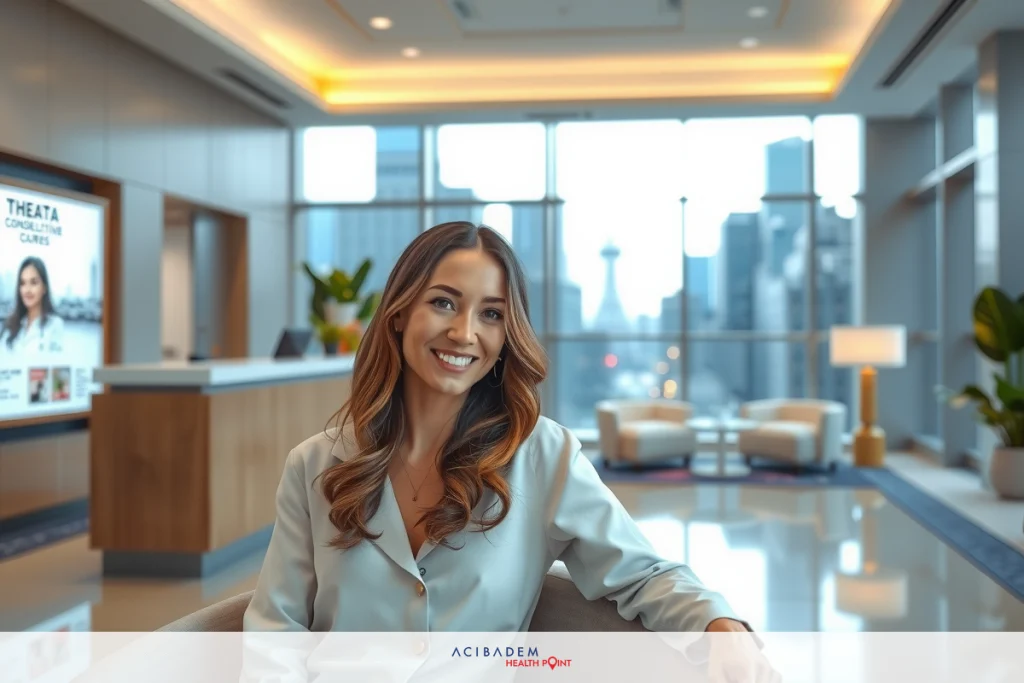 A professional woman sitting at a conference table with a cityscape in the background. The room has modern decor, and there's a large screen displaying news.